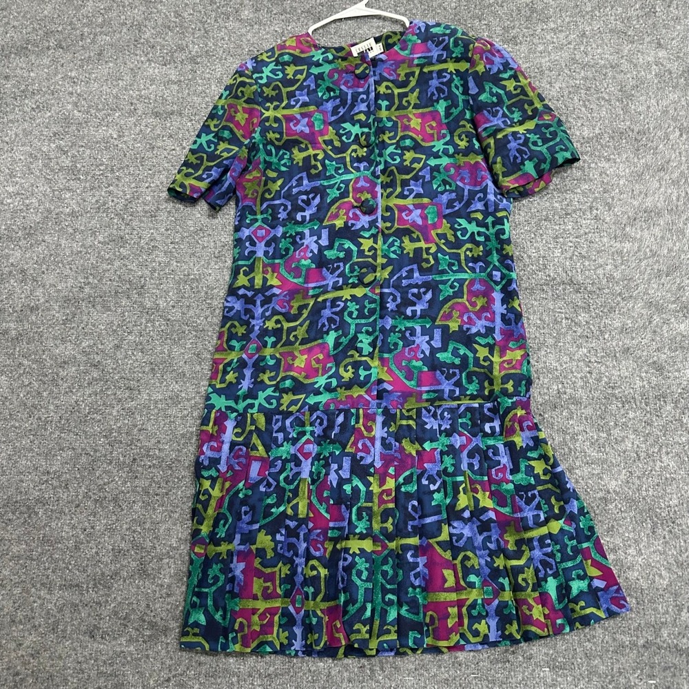 Leslie Fay Dress Womens Size 8 Multicolor Abstract Pleated Drop Waist Vintage